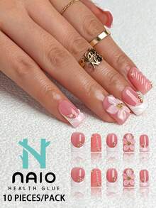 NAIO 10片/套 春夏手工按压式美甲贴片，短方形甲片，Y2K 酷炫风格，法式风格，3D凝胶线条和3D浮雕花卉图案，饰以金珠和珍珠。适合女性和女孩，可用于派对、日常佩戴，附赠工具包，是送给女士美甲爱好者的绝佳礼物。 - 彩色 - 查看 11