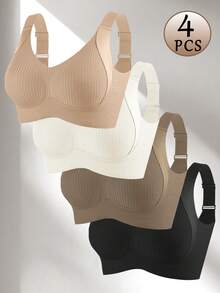 4-Piece Seamless Breathable Wireless Sports Bra For Women - Full Coverage Design, Anti-Slip Material, With Lifting And Support Functions, Comfortable To Wear, Ribbed Details, Made Of Nylon And Elastic Fiber Blend, Hand Wash. Elegant Solid Color Design. - 彩色 - 查看 7