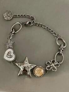 1条复古别致的星星和心形链条手链，饰有花卉元素，Y2K风格，适合日常、海滩、派对佩戴，是送给女孩的珠宝礼物，也是情人节和母亲节的理想礼物。 - 銀色 - 查看 9