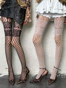 1双女士拼接细网眼连裤袜，春夏蕾丝镂空网眼黑色长筒袜，菱形条纹JK透气网眼，修身性感紧身袜 - 彩色 - 查看 2
