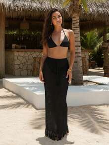 性感时尚抽绳流苏镂空系带针织半身裙，2026 女士夏季假日泳池派对沙滩休闲长裙 - 黑色 - 查看 1