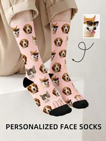 1 Pair Customized Pet Photo Socks, Personalized Multi-Face Socks For Women & Men, Cute Dog & Cat Pattern Pink Socks, Unique Gift For Pet Lovers