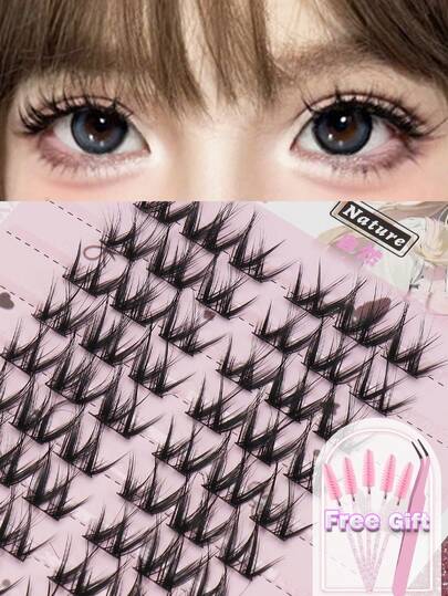 AYRMILLA C型单簇假睫毛，5-12毫米，10排，60簇，可爱夏季自然大容量塔点交叉假睫毛，适用于派对角色扮演、婚礼、俱乐部假期、日常工作会议等场合，蓬松柔软，凌乱感强，多层黑色短浓密散落假睫毛，适合飞天少女、学生、影视节目、旅行、度假、新娘、生日等场合，赠送精美睫毛镊子、睫毛刷等。
