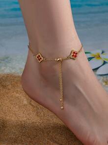 1 pieza Tobillera ajustable con diseño minimalista de flor geométrica, trébol y estilo punk gótico con efecto de goteo metálico, adecuada para uso diario, salidas y vacaciones en la playa - Rojo - Ver 6