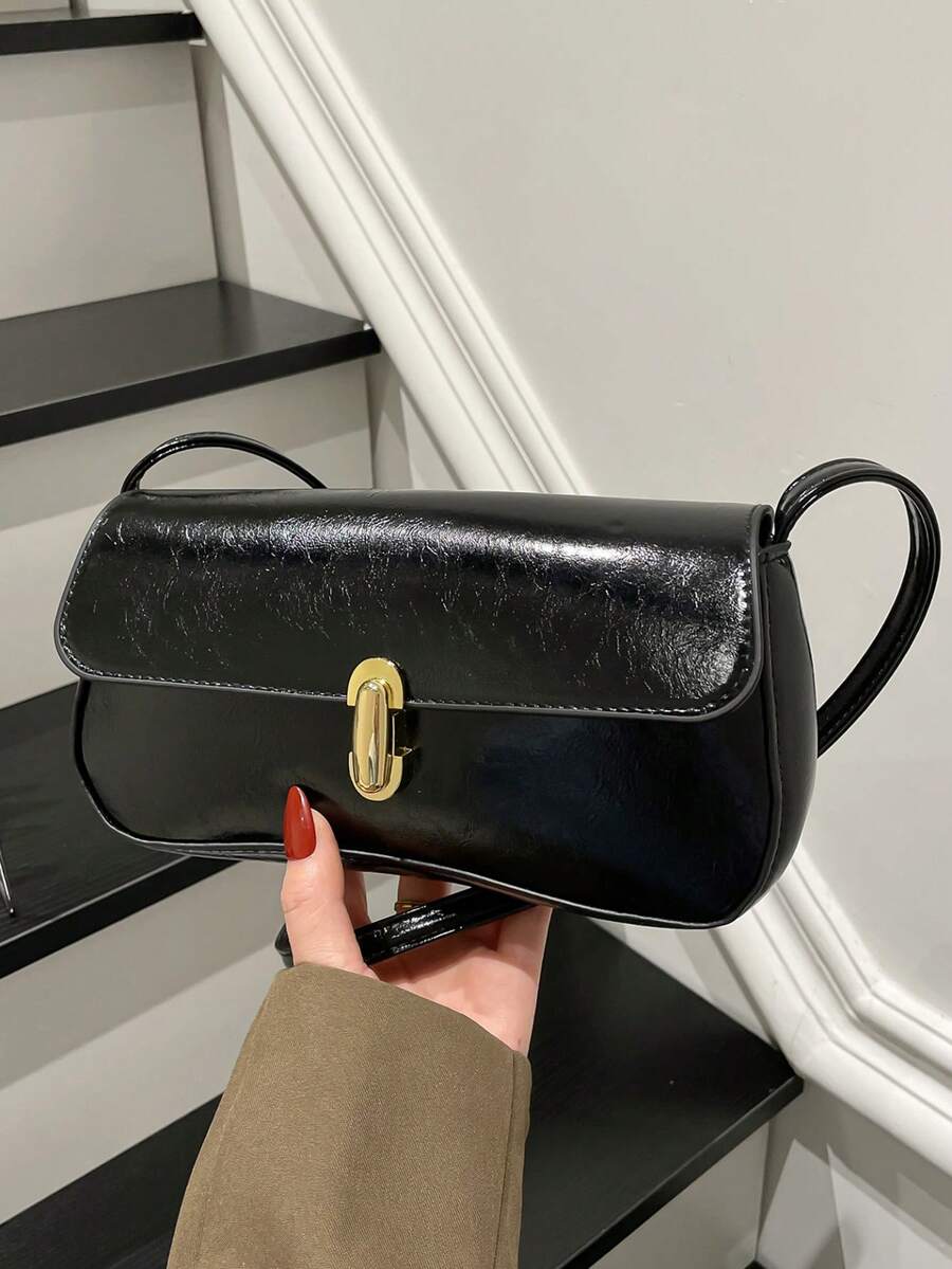 French Retro Clasp Small Square Bag, New Fashionable Personalized INS Underarm Bag, Stylish Shoulder Bag - Black - View 1