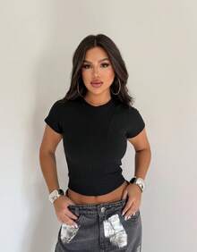Baby Look Short Sleeve Fitted Basic Comfortable Everyday Casual Corset Effect Glamour - màu đen - Xem 1