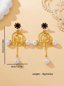 1 par de pendientes elegantes y de alta gama con diseño de jaula de pájaros y perlas, adecuados para uso diario - Multicolor - Ver 5