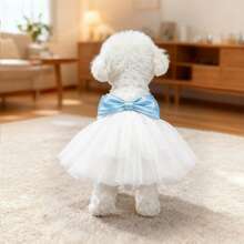 Robe de fête en maille 3D rose avec nœud blanc décoratif, robe de princesse assortie pour chats et petits/moyens chiens - Bleu ciel - Voir 6