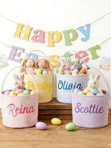 1PC Personalized Seersucker Easter Basket, Embroidered Bunny Design Bag - Multicolor - View 3