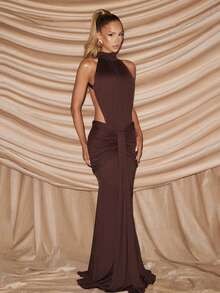2026 New Women's Halter High Neck Ruched Slim Fit Backless Sexy Elegant Evening Gown Maxi Dress - màu nâu - Xem 7