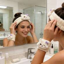 3件套Kpop偶像官方角色毛绒发箍套装——可爱熊耳和兔耳发箍，柔软弹力头巾，粉丝生日礼物 - 查看 7