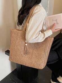 1件夏季新款女士编织单肩包，大容量草编休闲手提包，沙滩多功能单肩包，时尚度假沙滩包，拉链封口，镂空设计 - 卡其色 - 查看 6