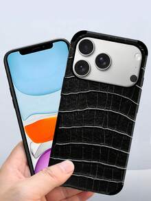 1pc Crocodile Texture Shock-Proof Leather Phone Case With Sound Amplifier Design, Suitable For IPhone 17/16/15/14/13/12/11, Holiday Gift - Black - View 8