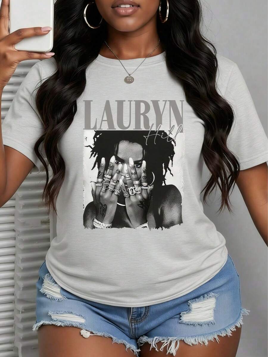 With Ring On Hand - 100% Cotton Women's T-Shirt/Lauren Hill/Letter Print/Vintage T-Shirt/Women's Casual Loose Round Neck Top/Spring And Summer-Niche G - 灰色 - 查看 1
