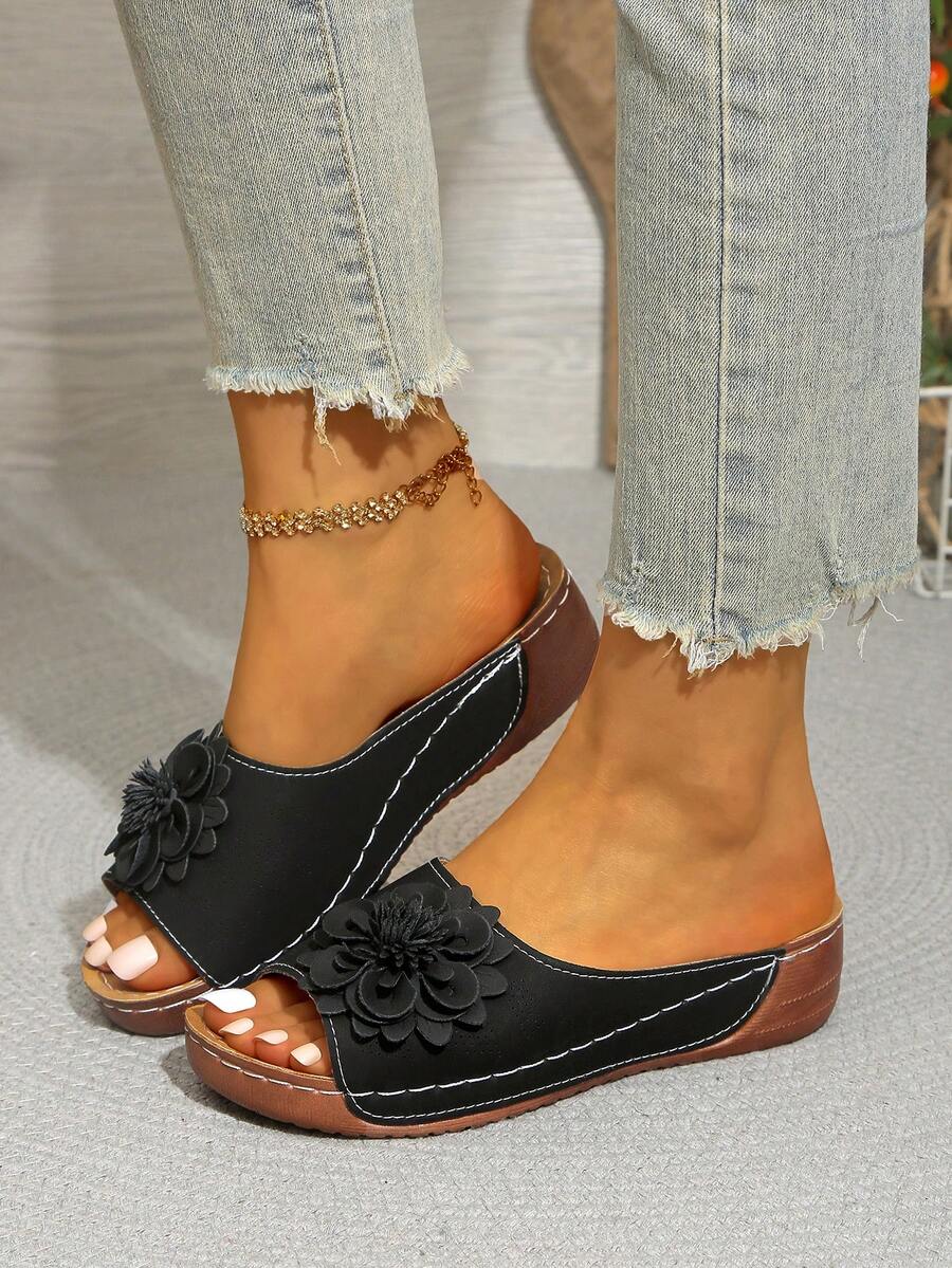 女士时尚学生坡跟凉鞋，花卉装饰，套脚沙滩厚底缝线鞋，春夏款 - 黑色 - 查看 1
