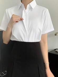 Women's Short Sleeve Business Shirt, Hidden Button Front Professional Office Work Top - White - View 5