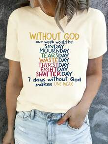 Plus Size Women's Christian Inspirational Letter Print-Shirt - Casual Crew Neck, Short Sleeve Top, Suitable Spring And Summer, Washable, Spring Fashion |   Inspirational Quotes |   Elastic Fabric TRJL - Màu be - Xem 8