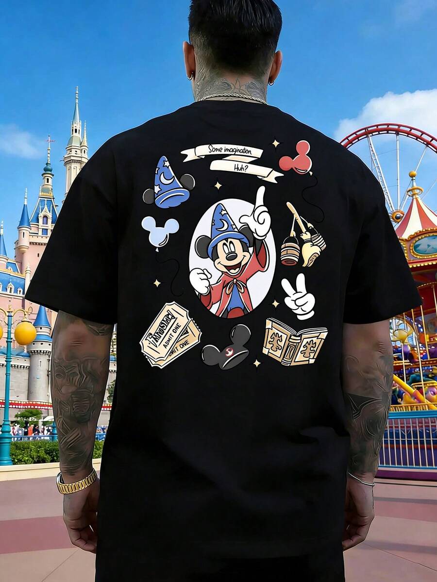 Disney Mickey Mouse Magic Hat, Balloon, And Magic Book Pattern Men's T-Shirt, Casual Loose Short-Sleeved T-Shirt, Unisex, Comfortable Pure Cotton Breathable T-Shirt, Suitable For Daily Commuting, Outings, Vacations, Parties, And Festivals Men Clothes. - Black - View 1