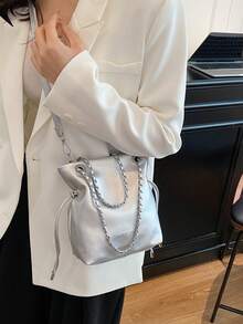 PU Fashionable Women's Shoulder Bag, Adjustable Chain Strap Crossbody Mini Bucket Bag, Suitable For Dates And Shopping - Silver - View 5
