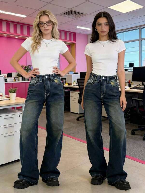 Pantalones vaqueros rectos de mujer de estilo casual, con bolsillos, cremallera y detalles de botones, sin estiramiento