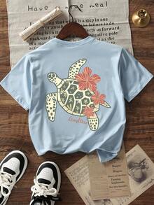 Áo thun nữ mùa hè mới, kiểu dáng rộng rãi, in khẩu hiệu, cổ tròn, tay ngắn, thời trang mặc hàng ngày và đi nghỉ mát, áo thun nữ kiểu dáng đơn giản. - Màu xanh nhạt - Xem 4