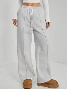 Pantalon droit décontracté pour femmes, taille élastique à cordon de serrage, couleur unie, convient pour le printemps/automne - Gris pâle - Voir 3