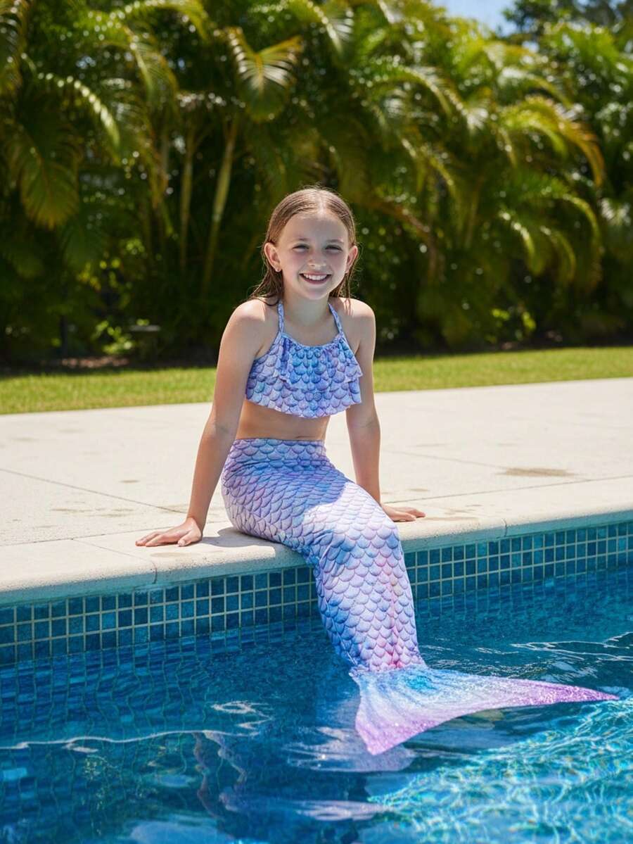 Children Girls Tankini Swimsuit 3 Piece Mermaid Bathing Suit Kids Ruffle Top With Shorts Fish Tail Bikini Set Swimwear 1-14Y - I - Xem 1