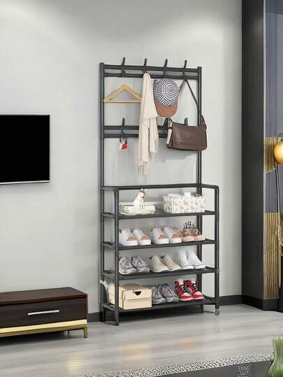 4-Tier/5-Tier Independent Metal Shoe Rack (Shoe Rack Material: Non-Woven Fabric), Can Be Used As Hat Rack, Multi-Function Outdoor Storage Rack, Independent Wardrobe Hanging Rack, Multi-Layer Indoor Shoe Rack, Equipped With 8 Stainless Steel Dual Hooks Shoe & Hat Combination Rack, 3-In-1 Space-Saving Storage Rack, Suitable For Bedroom, Living Room, Behind The Door, Corridor, Can Be Used As Hat Rack, Shoe Rack, Portable Wardrobe, Luggage Storage Rack.
