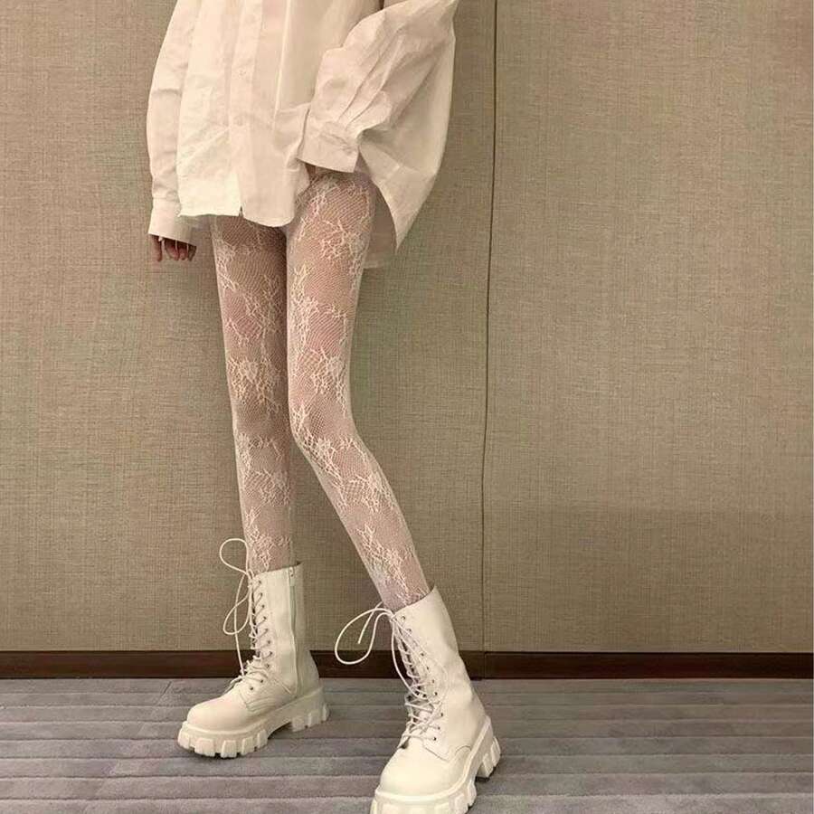 1pc Women Black/White Floral Vine Net Pants - White - View 1