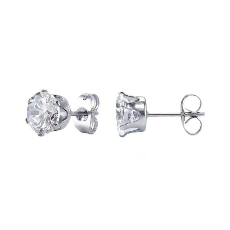 1 par 316L de acero inoxidable redondo zirconia cúbica Pendientes de tachuela con 3 colores , para hombre y mujer , libre de alergias saburral , simple con elegante cristal brillante oreja Tachuelas con suave Clips para las orejas - Plateado - Añade 9