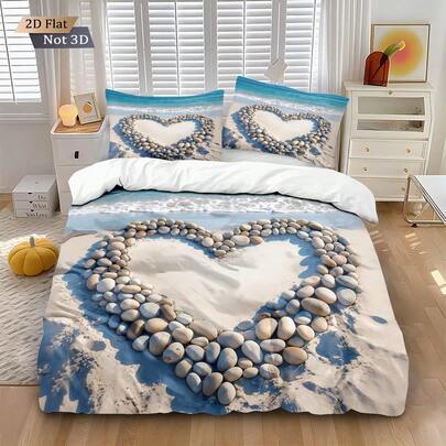 3pcs Beach Heart Stone Theme Set (1 Duvet Cover + 2 Pillowcases, No Filler), Fashion Creative Digital Printed Heart Stone Pattern, Soft & Skin-Friendly, Suitable For All Seasons. Available In Multiple Sizes Including Plus Size To Meet Different Needs, Suitable For All People And Rooms. Zipper Closure, Machine Washable, Ideal Bedroom Decor, Warm And Romantic, Also Suitable As A Gift.