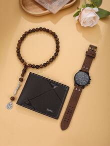 男士优雅轻便钱包、手表、念珠三件套礼盒，父亲节、生日、周年纪念日惊喜礼物 - 黑色 - 查看 2
