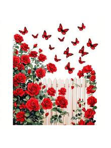 Red Rose Flower Wall Sticker, Butterfly Railing Decal For Valentine's Day Celebration, Wedding Anniversary, Mother's Day Hot Selling Sticker - 1PC - View 6