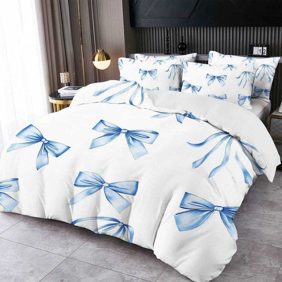 Bộ ga trải giường in hình số và nơ (1 ga trải giường + 1/2 vỏ gối, không bao gồm chăn bông), mềm mại và thân thiện với da, phù hợp cho phòng ngủ, ký túc xá, khách sạn, mọi mùa, phù hợp với giường cỡ đôi/đơn/nữ hoàng/vua, bộ quà tặng giường ngủ cho bố mẹ và bạn bè - Xanh và trắng - Xem 1