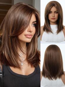 14英寸短款棕色波浪刘海自然假发，采用耐高温合成角蛋白纤维制成，优雅大方，适合日常佩戴、节日和派对等场合。 - 棕色 - 查看 6