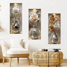3pcs Luxury 2D Rose Flower Wall Stickers, Self-Adhesive Waterproof Vinyl Floral Decals For Living Room, Bedroom, Sofa Background, Home Decor - Multicolor - View 3