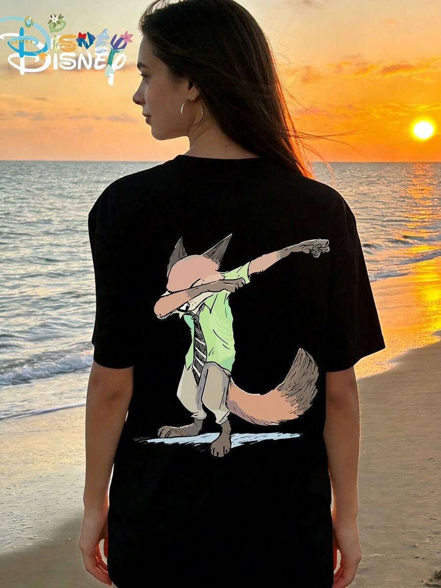 Disney Zootopia Nick Fox Dab Hip-Hop Gesture Print White Loose Short Sleeved T-Shirt Women's Casual Top - 黑色 - 查看 1