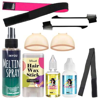 假发配件必备套装：蕾丝前假发胶水及卸除剂、假发帽、松紧带、发蜡棒、定型啫喱、发际线刷