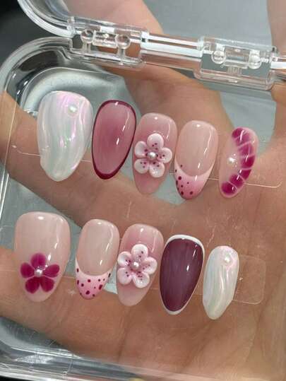 10pcs Y2K Chic Elegant French Floral Blush 3D Pearl Carving Short Almond Nail Art Stickers Handmade Press On Nails