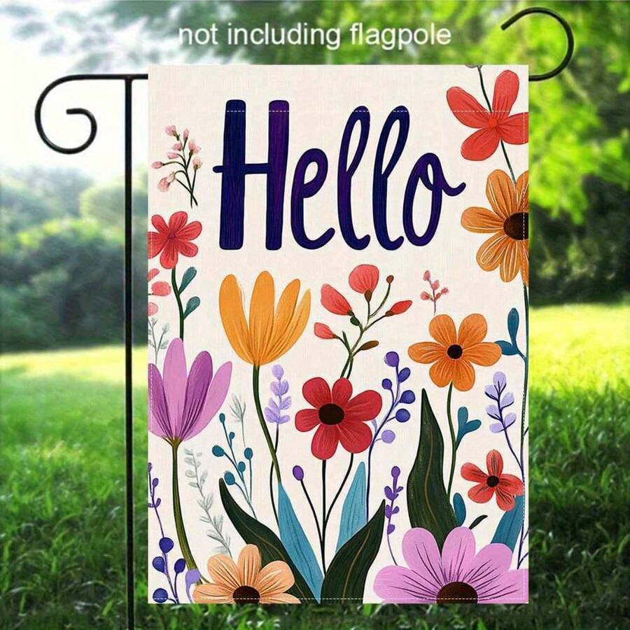 2D Flat - 2D Flat - Vibrant Floral Garden Flag Featuring A "Hello" Design In 2D Printing - Includes Print And Material, But No Pole Is Provided, Making It Ideal For Outdoor Decoration And Seasonal Home Accents. It'S A Double-Sided Flag - A - 查看 1