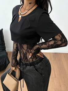 Women's Summer Sexy Top, Medium Stretch, Ruched Neck, Lace Patchwork Casual - Black - View 7