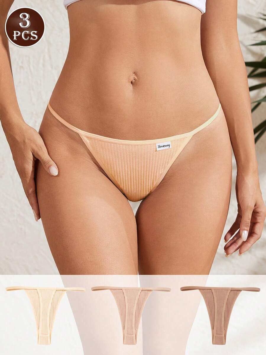 3条装纯棉罗纹丁字裤，柔软亲肤，舒适贴身，女士时尚内裤，日常穿着内衣裤。 - 彩色 - 查看 1