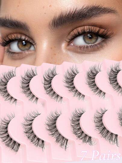 7 pares de pestañas postizas naturales de fibra larga y rizada, de 4-15mm, con efecto esponjoso y desordenado, rizado en forma de D, que agrandar naturalmente los ojos, rescatar las pestañas escasas, resaltar el maquillaje, fácil para principiantes, suaves y cómodas de usar