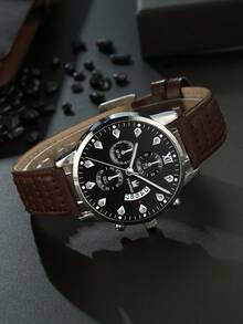 男士优雅轻便钱包及手表套装（2件套），父亲节、生日、周年纪念日的完美礼物 - 棕色 - 查看 5