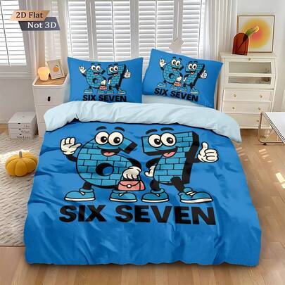 3pcs "Six Seven" Themed Colorful Cute Cartoon Character & Number 6, 7 Pattern Bedding Set, 1pc Duvet Cover And 2pcs Pillow Shams (Without Filler), High-Definition Dyeing, 100% Polyester Fabric, Comfortable And Soft, Zipper Closure, Machine Washable, Suitable For Home Bedroom, Guest Room, Travel Camping And Dormitory