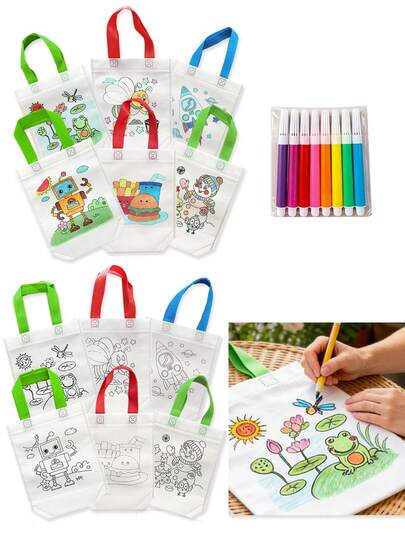 7/16/31pcs Random DIY Painting Graffiti Bags, Includes 8 Colors Watercolor Pens, Cartoon Coloring Tote Bags, Waterproof Durable Non-Woven Fabric, Suitable For Classroom Activities, Games, Small Gifts, Gift Packaging, Birthday, Theme Party Favors