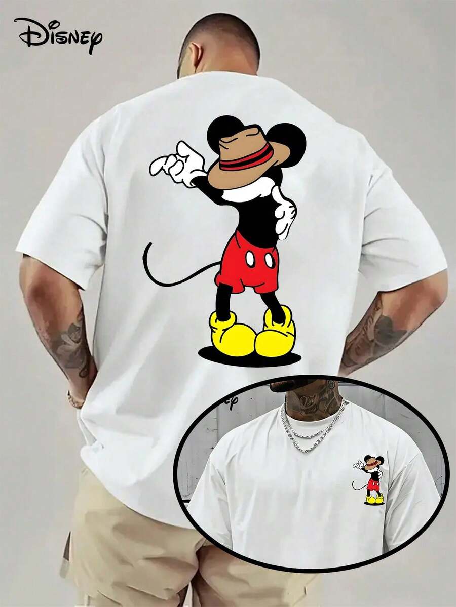 Disney Official Licensed Mickey Mouse Cowboy Hat Graphic T Shirts 100 Percent Cotton Disney Shirt Print 220g Cotton Crew Neck Unisex Tee - 白色 - 查看 1