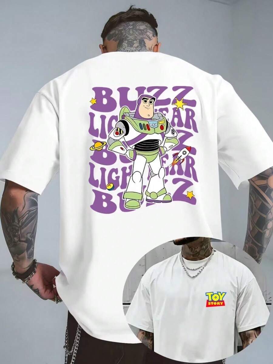 Authorized Disney Toy Story Buzz Lightyear Star Rocket Planet Printed Men's T-Shirts, T-Shirts For Leisure And Comfort, Breathable And Light, Fashionable Street Clothes, Men's Casual Shirts. - White - View 1