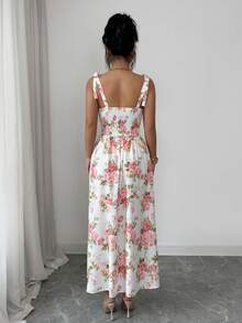 新款夏季吊带腰带系带修身中长碎花连衣裙 - 粉色 - 查看 6