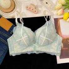 Lace Lingerie Women With Small Busts, Enhancing And Thickening A Larger Appearance, Anti-Sagging, Side Breast Support, Wireless Bra Set - Light Green Suit - View 12